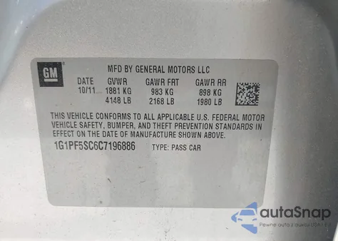 2012 Chevrolet Cruze 1Lt z USA, uszkodzony, nr VIN 1G1PF5SC6C7196886